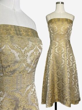 Vintage Y2K Molly NY gold damask jacquard strapless midi dress Castlecore XS